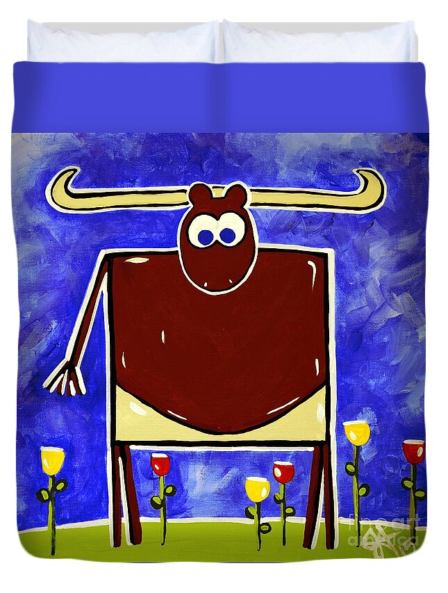 Cow Duvet Cover featuring the painting Just Bull Texas Longhorn Rancher Farmer Farm Ranch Kids Cattle Cow Jackie Carpenter by Jackie Carpenter