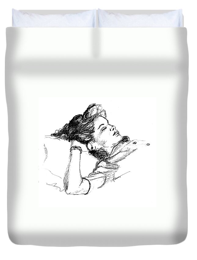 Girl Duvet Cover featuring the painting Karen's Nap by Adele Bower
