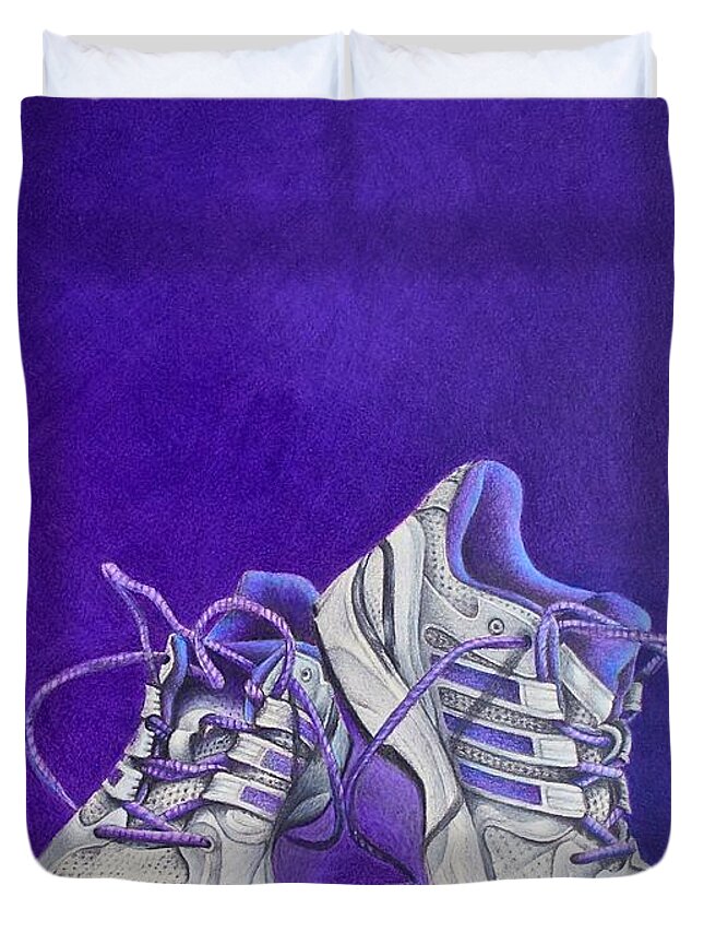Running Duvet Cover featuring the painting Karen's Shoes by Pamela Clements