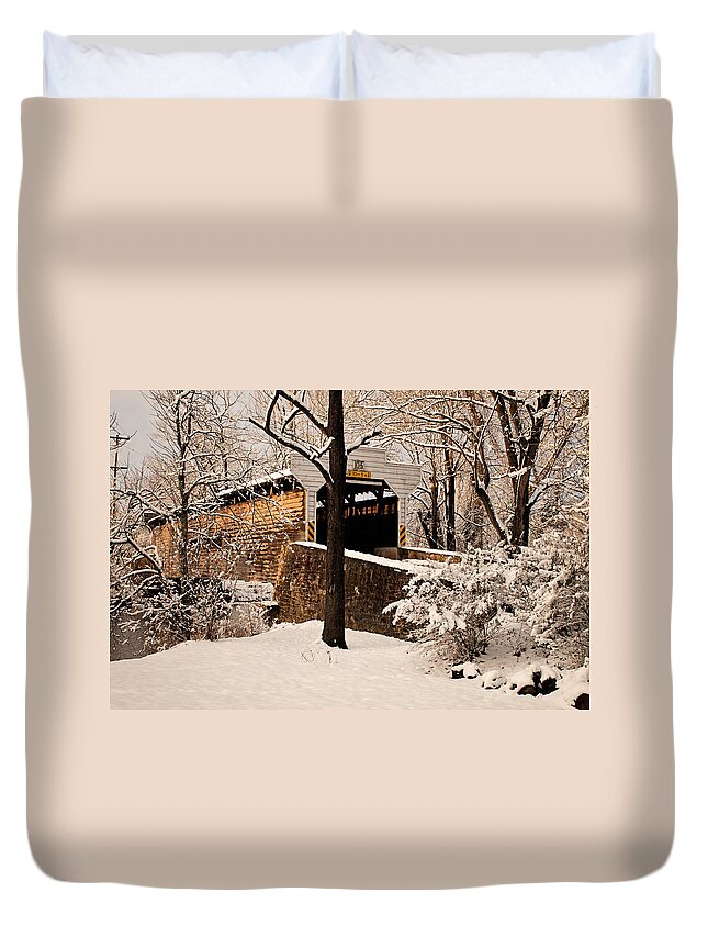 Winter Duvet Cover featuring the photograph Kennedy Covered Bridge in Winter by Michael Porchik