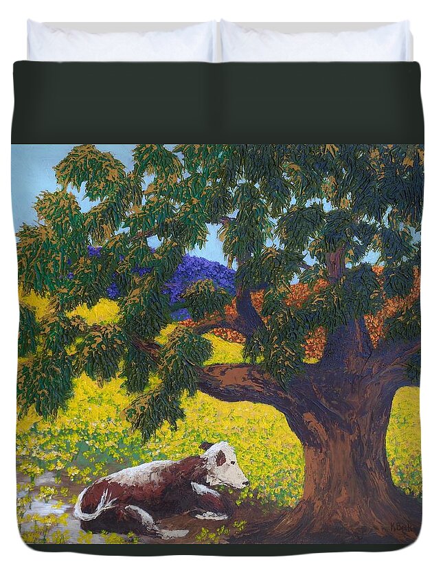 Print Duvet Cover featuring the painting Kern County Cow by Katherine Young-Beck