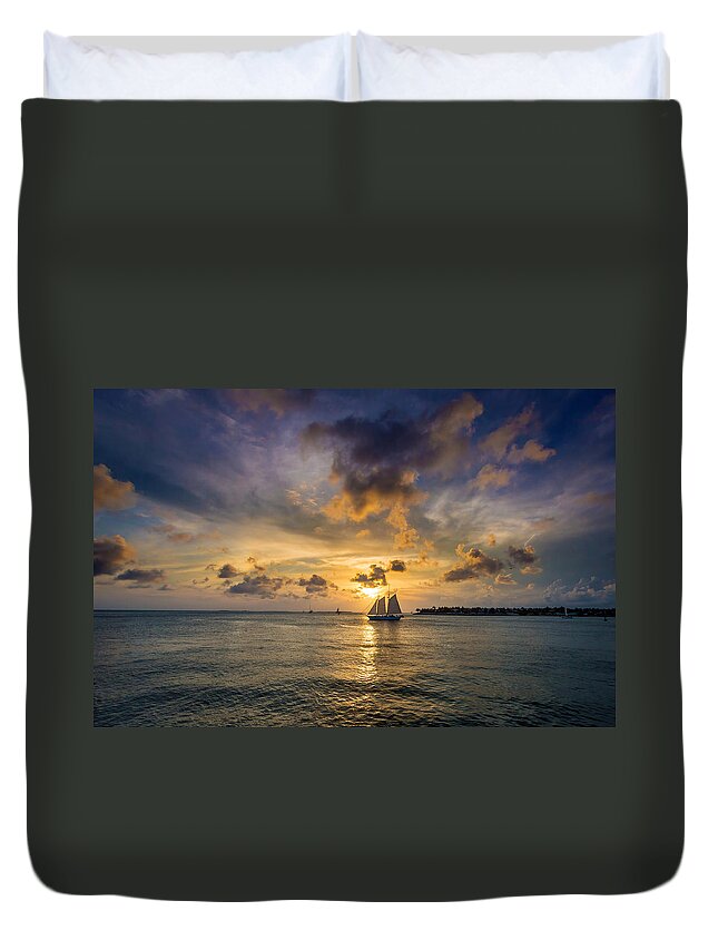 Key Duvet Cover featuring the photograph Key West Florida Sunset and Sailboat Mallory Square by Robert Bellomy