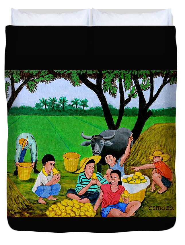 Landscape Duvet Cover featuring the painting Kids Eating Mangoes by Cyril Maza
