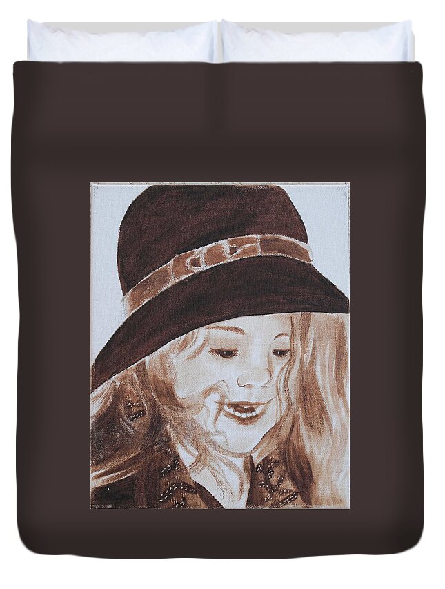 Portraits Duvet Cover featuring the painting Kids in Hats - Michelle by Kathie Camara