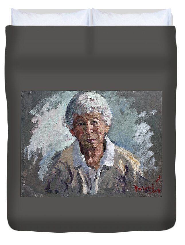 Lady Duvet Cover featuring the painting Kind Lady by Ylli Haruni