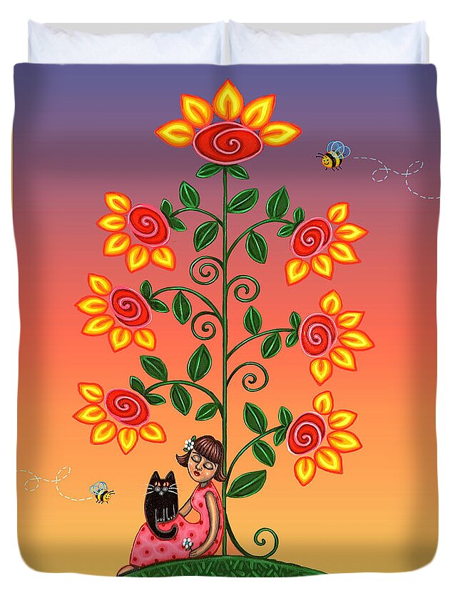 Folk Art Duvet Cover featuring the painting Kitty and Bumblebees by Victoria De Almeida