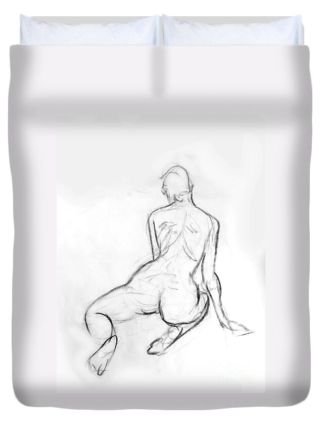 Drawing Duvet Cover featuring the drawing Kneeling Female Nude by Adam Long
