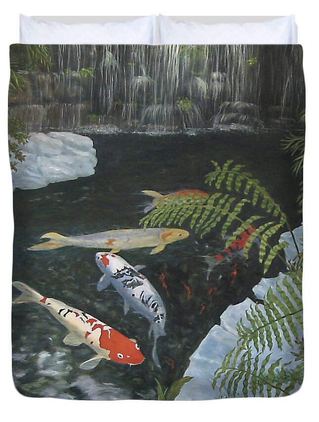 Karen Zuk Rosenblatt Art And Photography Duvet Cover featuring the painting Koi fish by Karen Zuk Rosenblatt