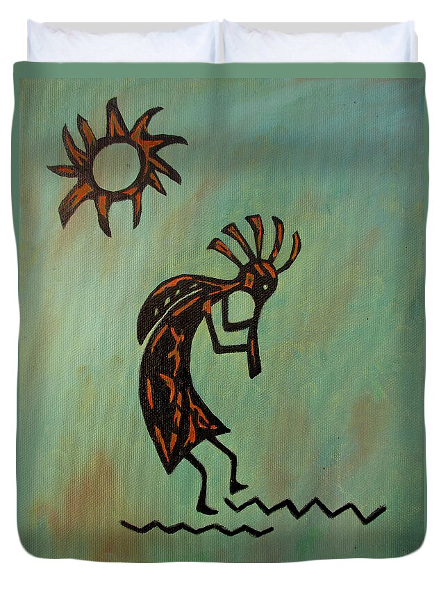 Southwest Art Duvet Cover featuring the painting Kokopelli Flute Player by Roseann Gilmore
