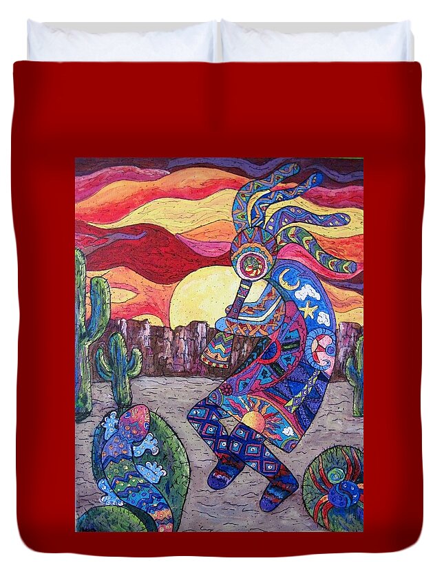 Southwestern Art Duvet Cover featuring the painting Kokopelli by Megan Walsh