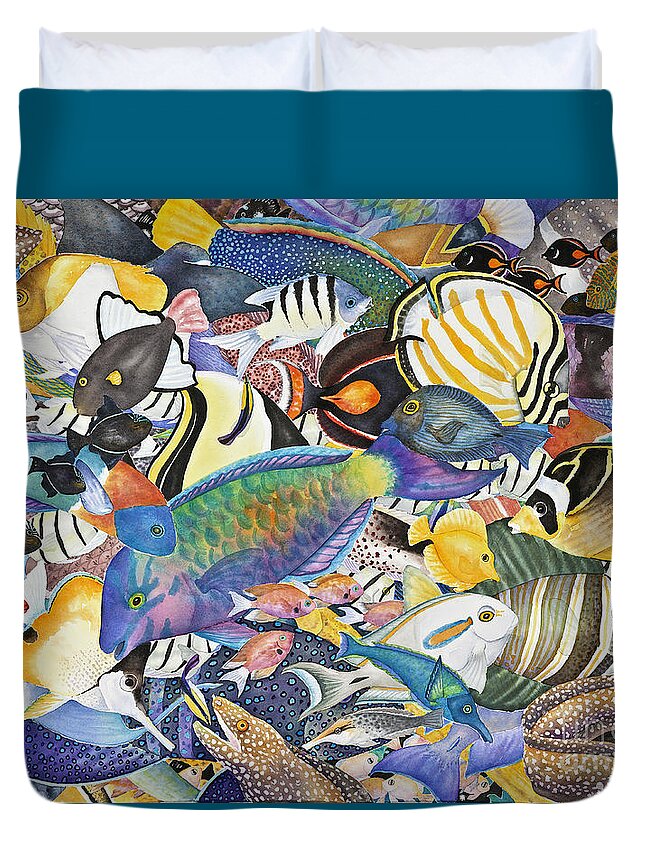 Fish Duvet Cover featuring the painting Kona Crowd by Lucy Arnold