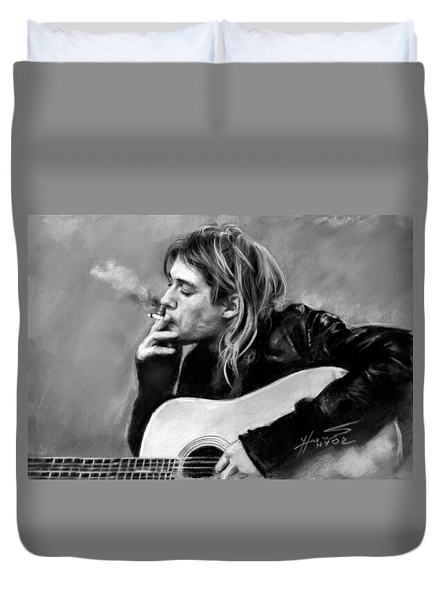 Kurt Cobain Duvet Cover featuring the drawing Kurt Cobain guitar by Viola El