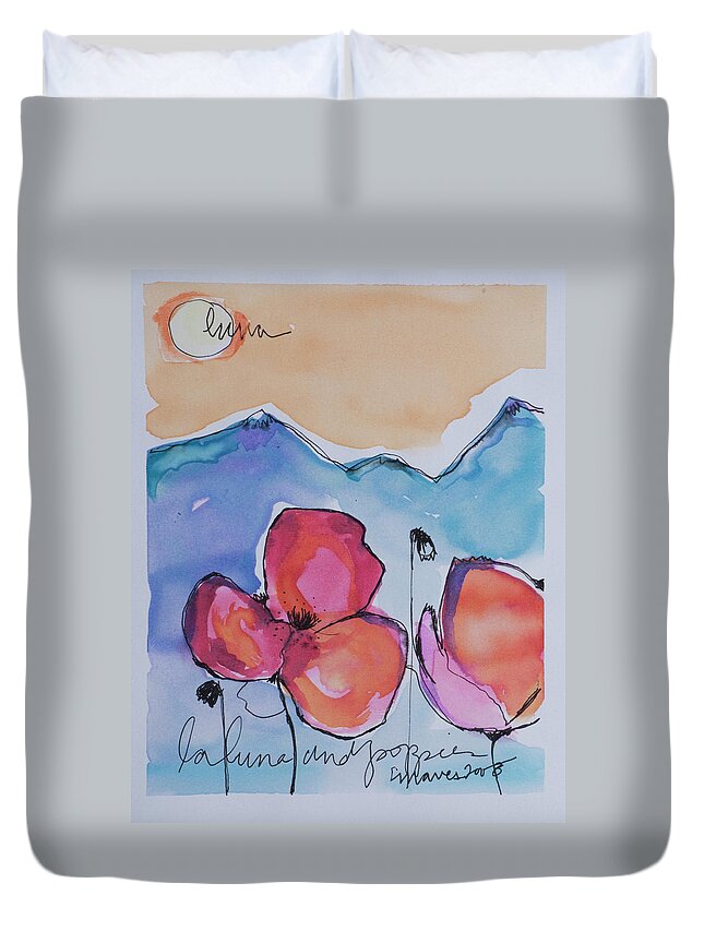 Poppies Duvet Cover featuring the painting La Luna and Poppies by Laurie Maves ART