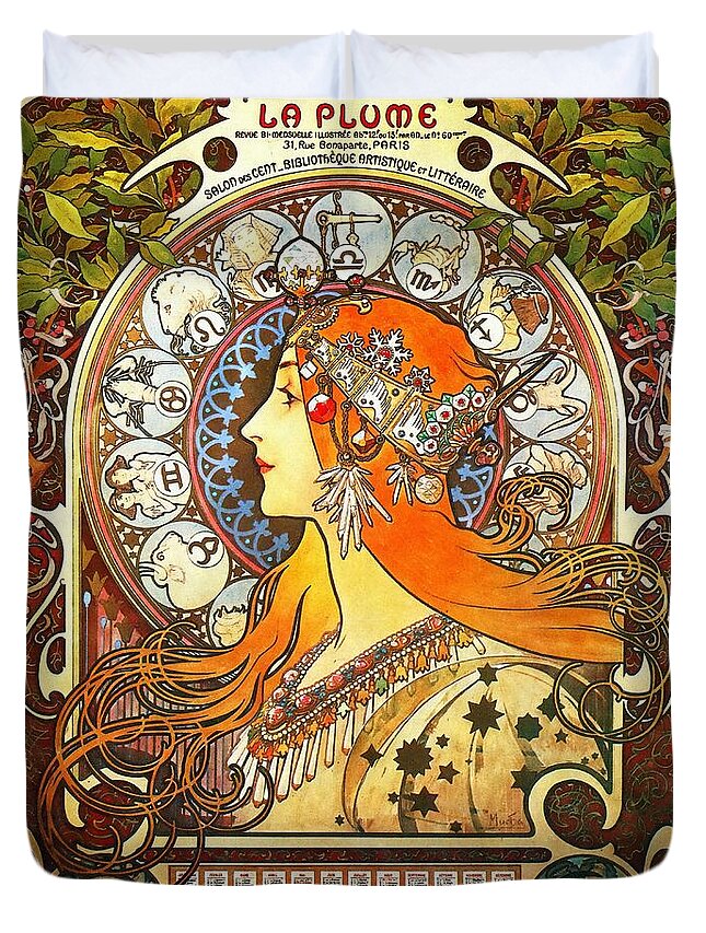 Alphonse Mucha Duvet Cover featuring the painting La Plume Zodiac by Alphonse Mucha
