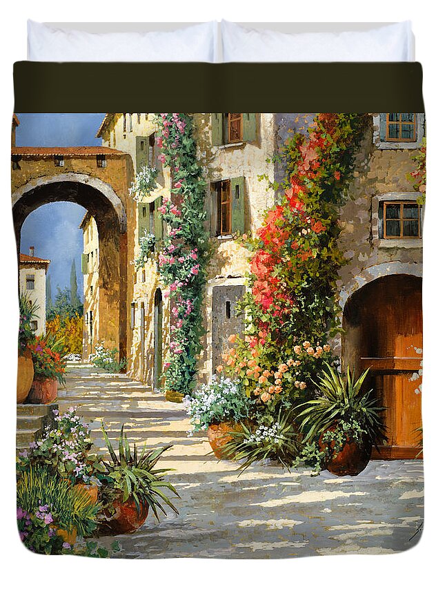 Landscape Duvet Cover featuring the painting La Porta Rossa Sulla Salita by Guido Borelli