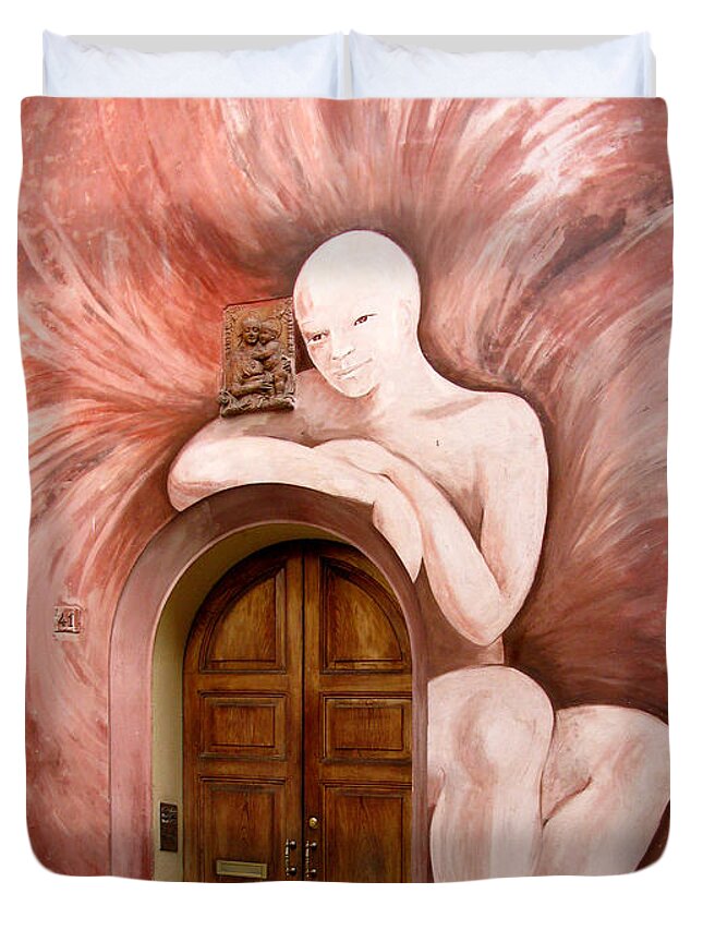 Dozza Duvet Cover featuring the photograph Lady at the Door.Dozza.Italy by Jennie Breeze
