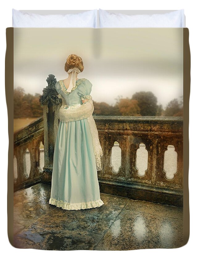 Woman Duvet Cover featuring the photograph Lady on a Veranda by Jill Battaglia