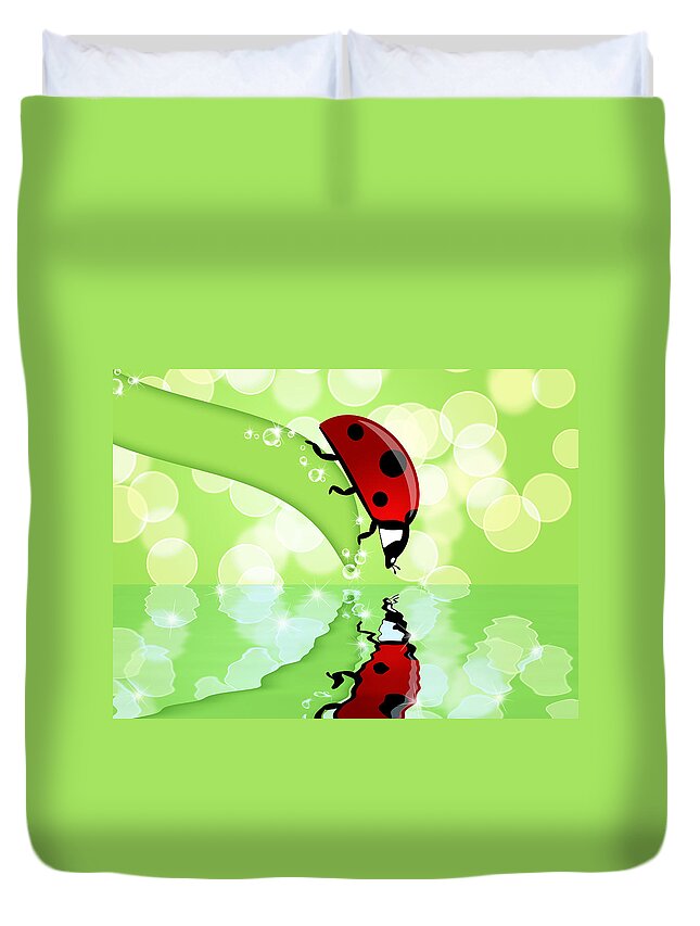 Ladybug Duvet Cover featuring the photograph Ladybug on Leaf Looking at Water Reflection by David Gn