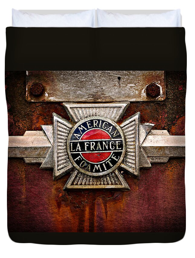 Fire Truck Duvet Cover featuring the photograph LaFrance Badge by Mary Jo Allen