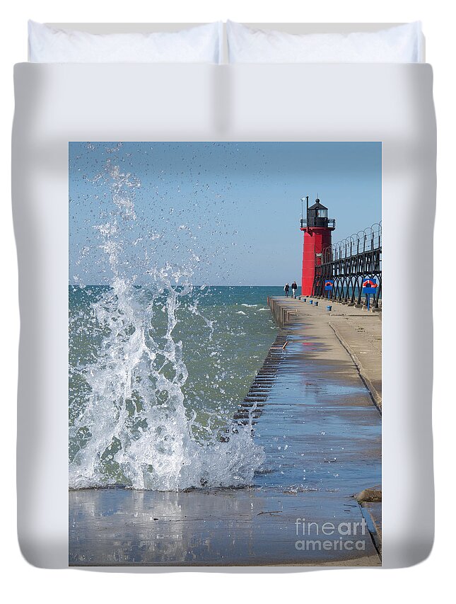 Lighthouse Duvet Cover featuring the photograph Lake Michigan Splash by Ann Horn