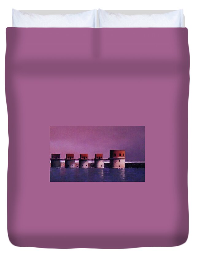 Lake Murray Duvet Cover featuring the painting Lake Murray Towers in Evening by Blue Sky