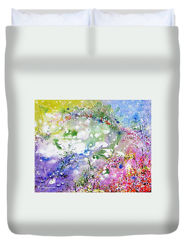 Landscape Duvet Cover featuring the painting Land of Fairies and Butterflies by Kume Bryant