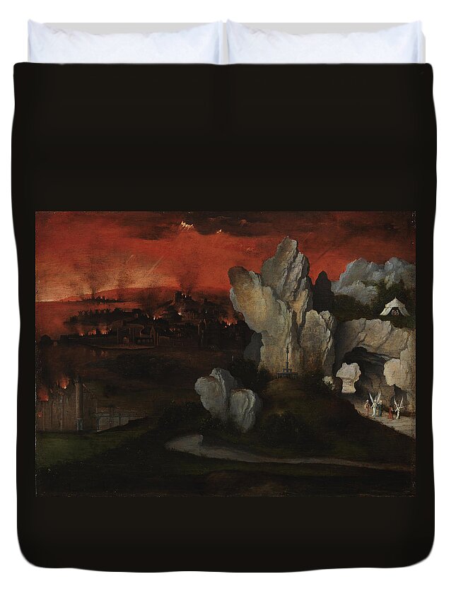 Joachim Patinir Duvet Cover featuring the painting Landscape with the Destruction of Sodom and Gomorrah by Joachim Patinir