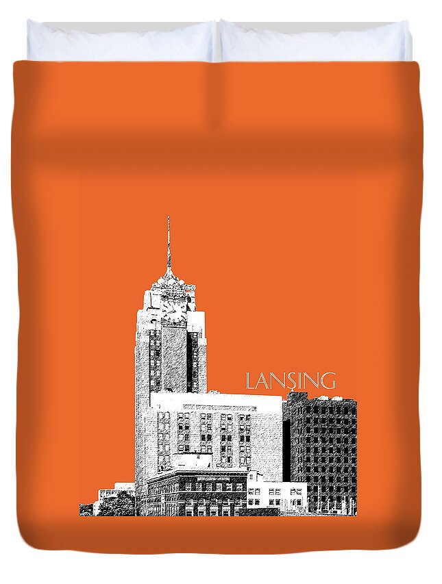 Architecture Duvet Cover featuring the digital art Lansing Michigan Skyline - Coral by DB Artist