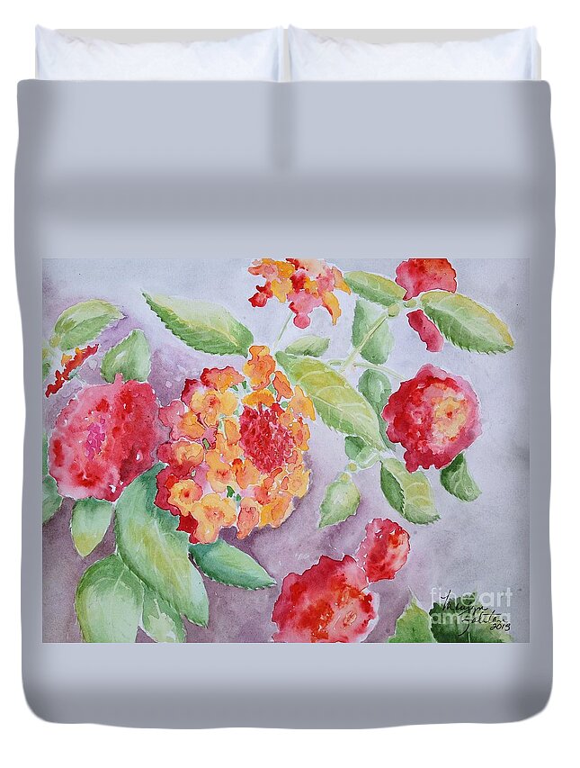 Garden Duvet Cover featuring the painting Lantana by Marilyn Zalatan