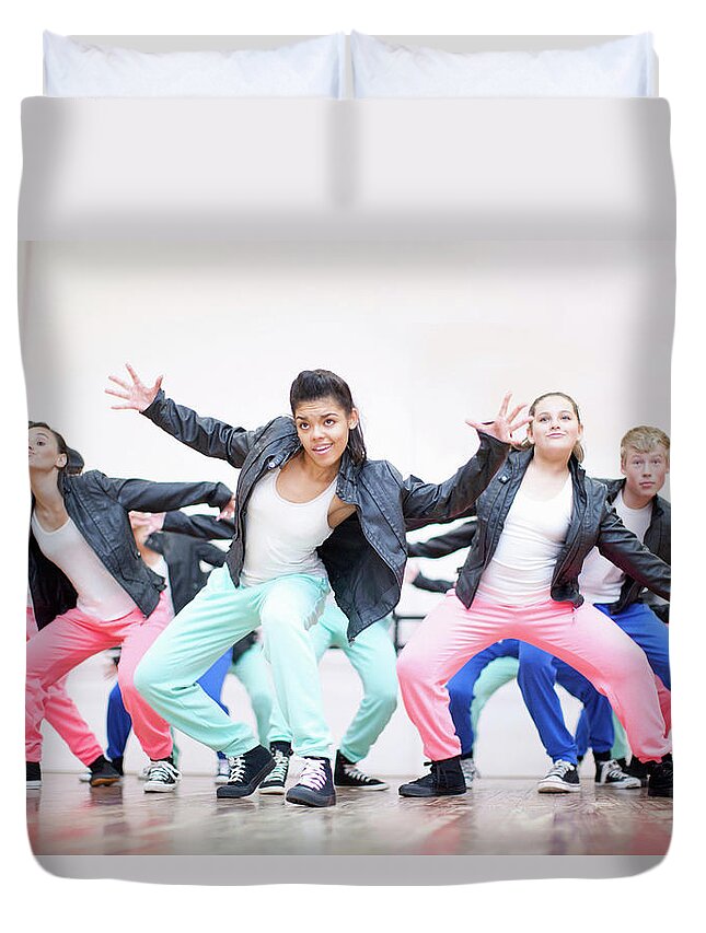 People Duvet Cover featuring the photograph Large Group Of Teenagers Dancing In by Zero Creatives