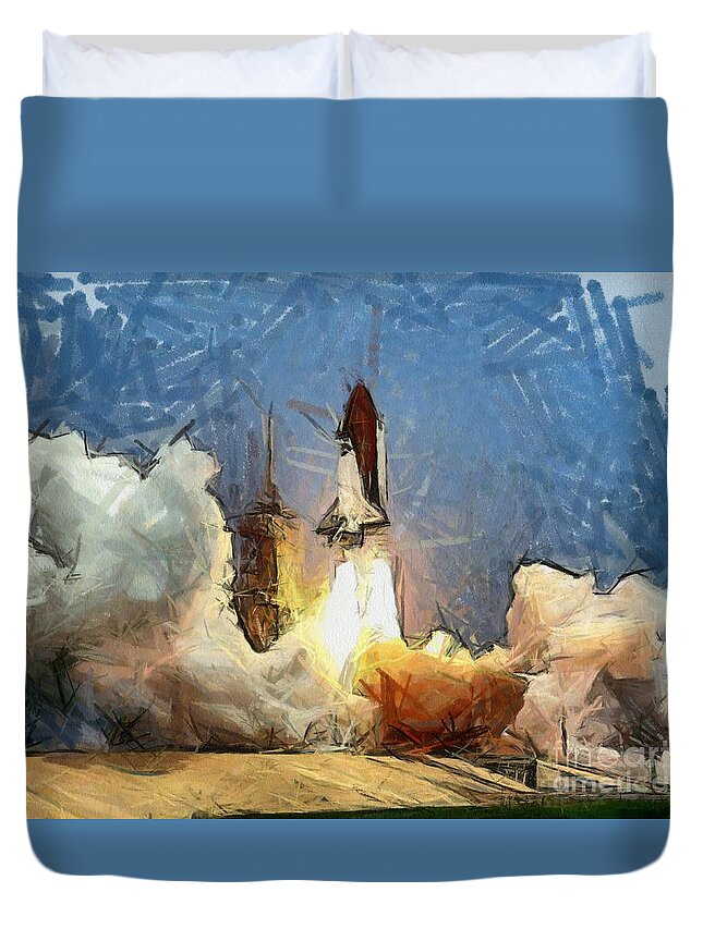 Shuttle Duvet Cover featuring the painting Last Launch by Murphy Elliott