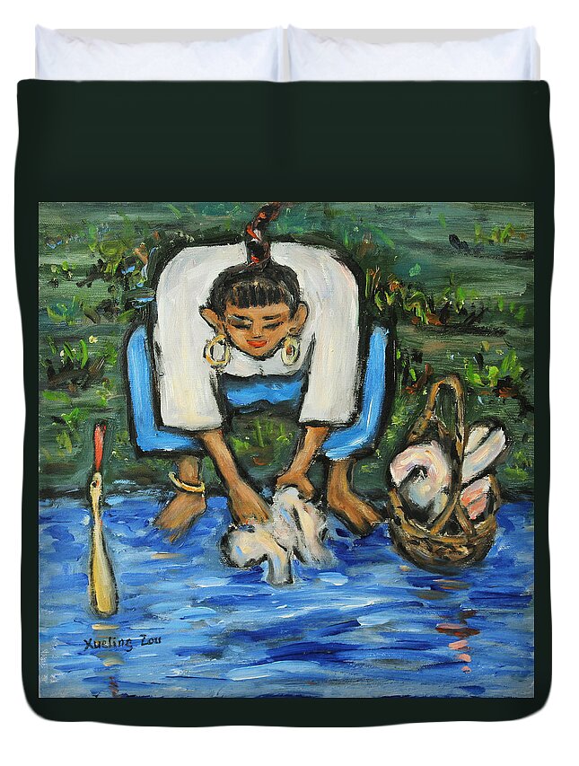 Figurative Duvet Cover featuring the painting Laundry Girl by Xueling Zou