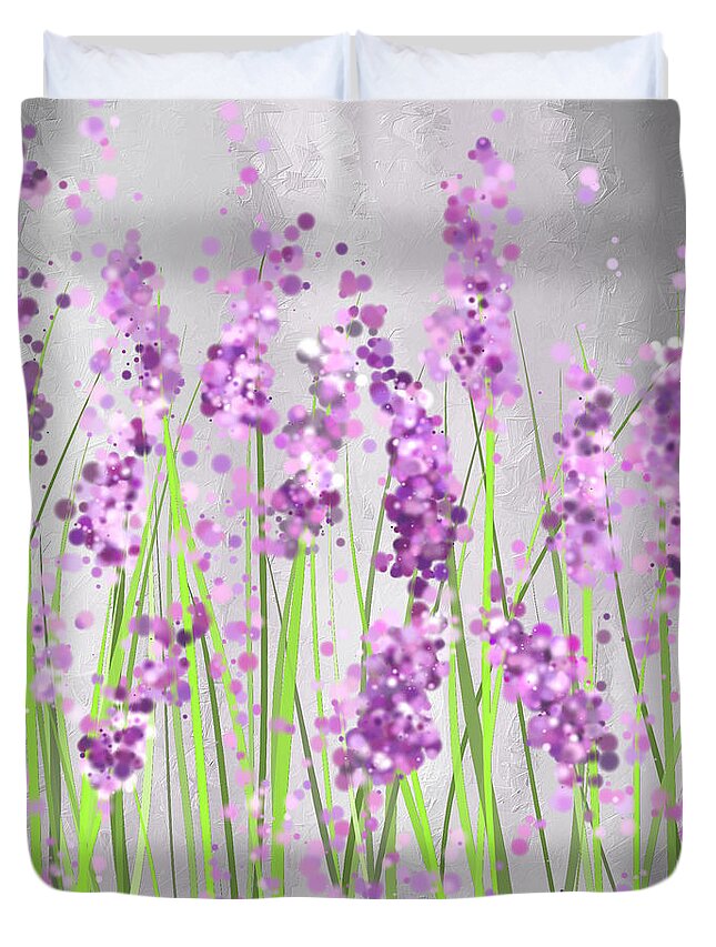 Lavender Duvet Cover featuring the painting Lavender Blossoms - Lavender Field Painting by Lourry Legarde