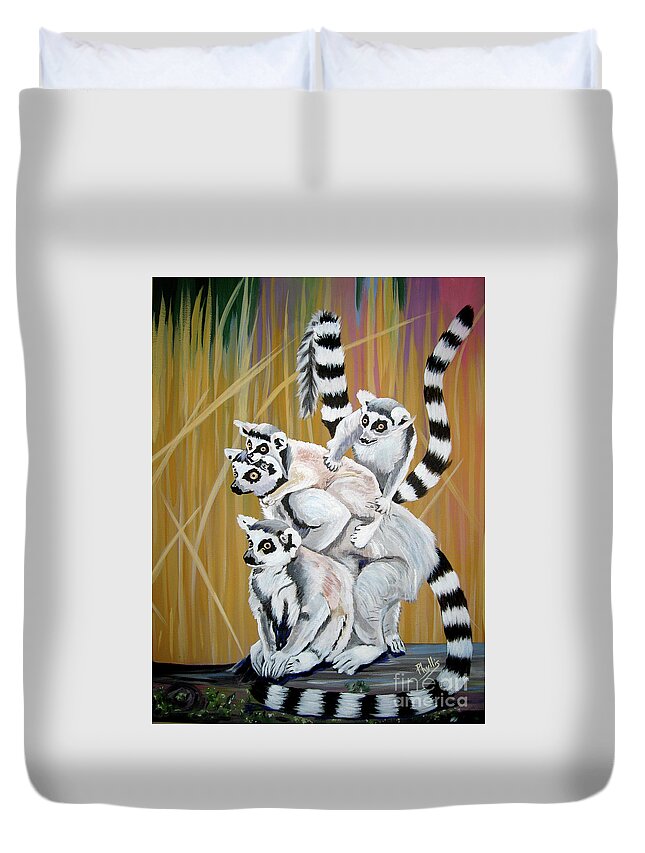 Lemurs Duvet Cover featuring the painting Leapin Lemurs by Phyllis Kaltenbach