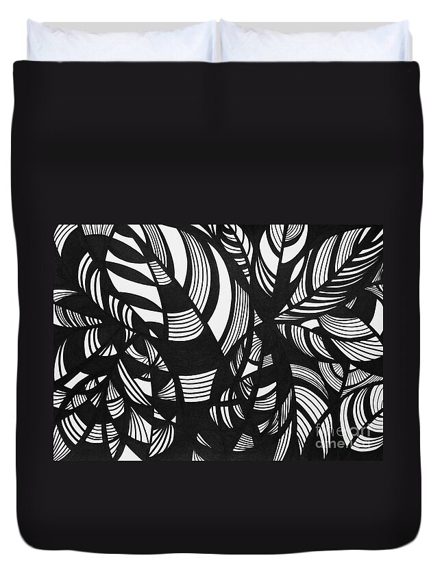 Black And White Duvet Cover featuring the drawing Leaves by Lynellen Nielsen
