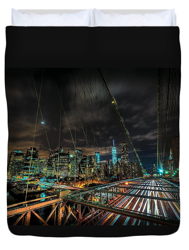 City Duvet Cover featuring the photograph Leaving New York City via the Brooklyn Bridge by David Morefield