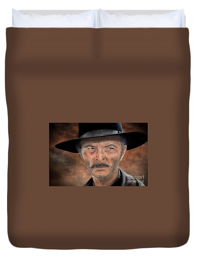 Lee Van Cleef Duvet Cover featuring the drawing Lee Van Cleef as Angel Eyes in The Good the Bad and the Ugly Version II by Jim Fitzpatrick