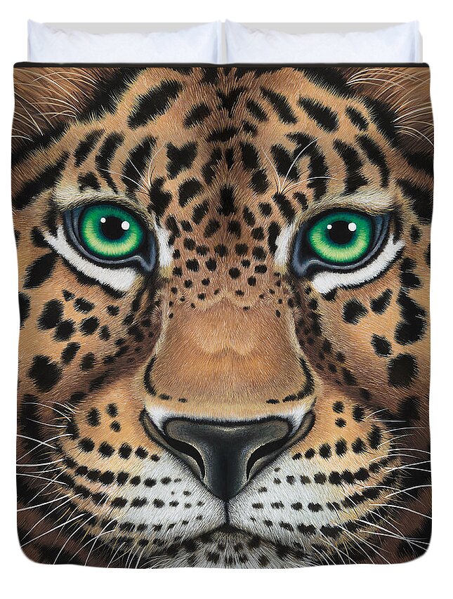 Leopard Duvet Cover featuring the painting Wild Eyes Leopard face by Tish Wynne
