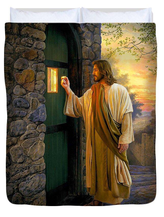 Jesus Duvet Cover featuring the painting Let Him In by Greg Olsen