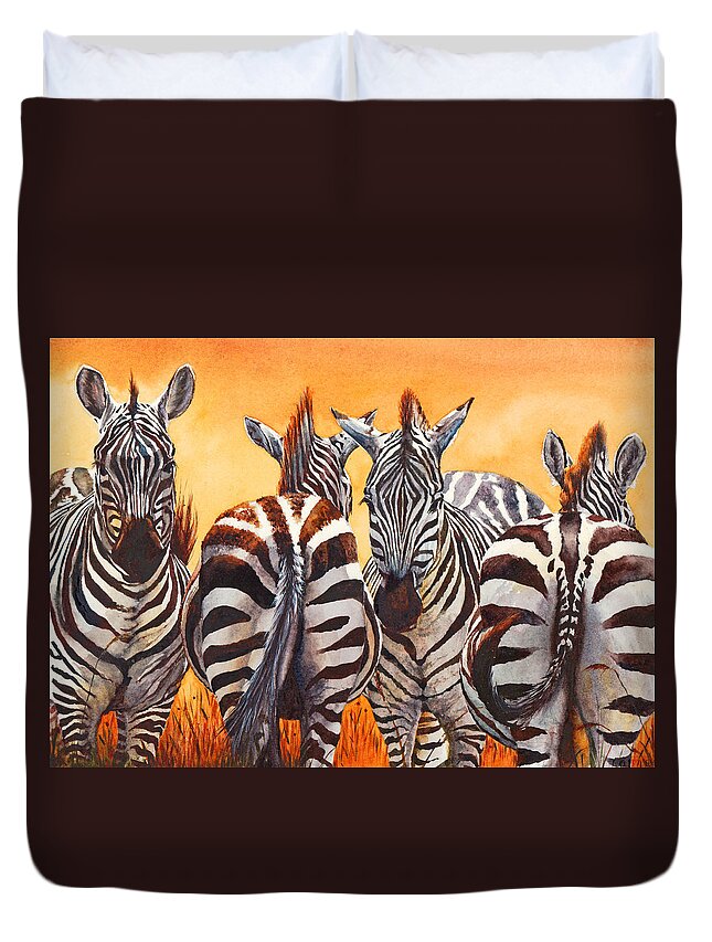 Zebra Duvet Cover featuring the painting Lets Face It We Are Lost by Peter Williams