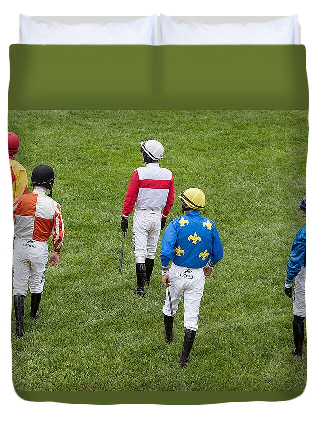 Jockey Duvet Cover featuring the photograph Let's kick up some dirt and grass by Robert L Jackson