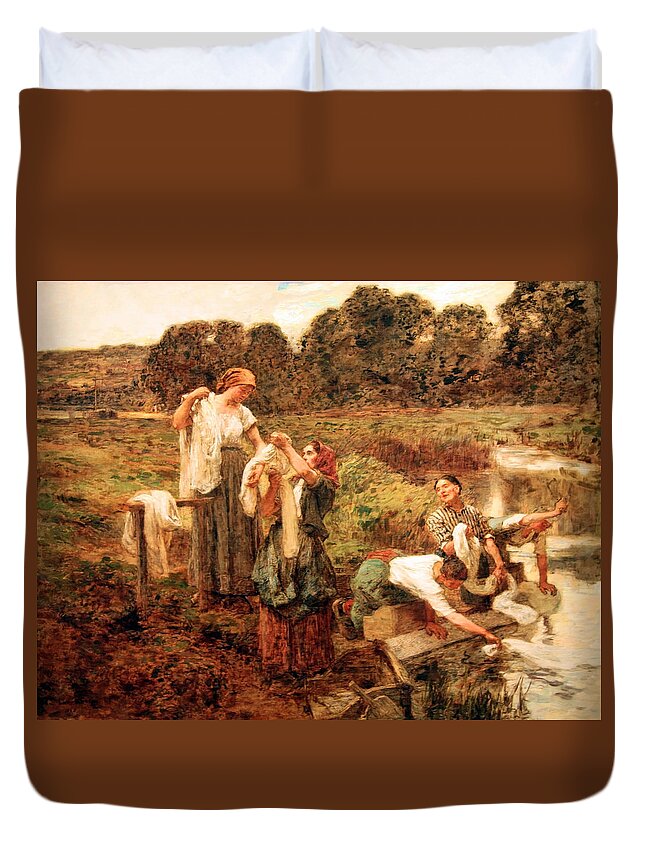 The Washerwomen On The Banks Of The Marne Duvet Cover featuring the photograph Lhermitte's The Washerwomen On The Banks Of The Marne by Cora Wandel