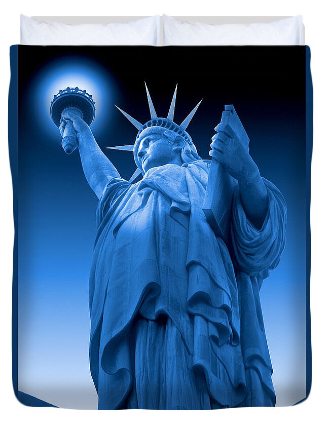 Landmarks Duvet Cover featuring the photograph Liberty Shines On in Blue by Mike McGlothlen
