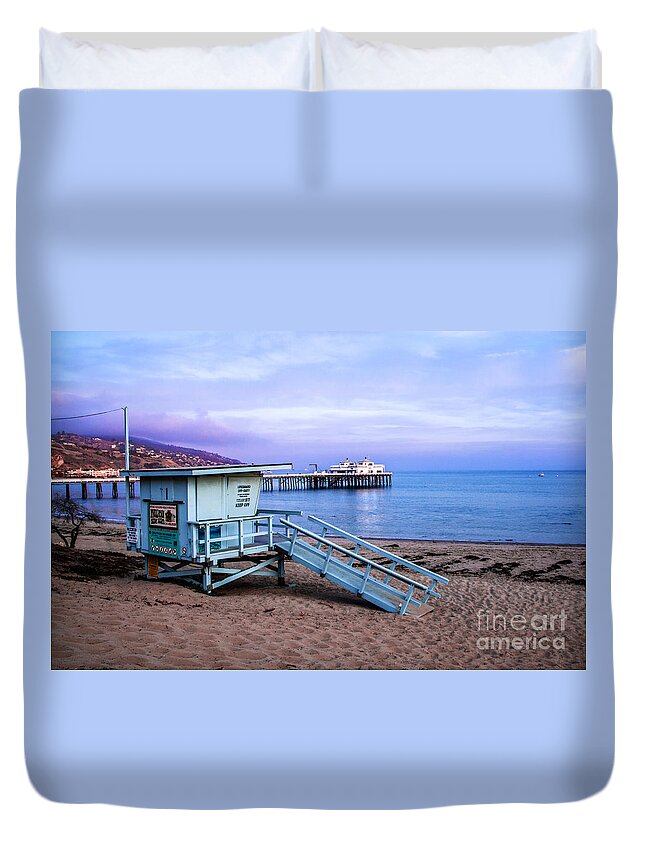 Lifeguard Tower And Malibu Beach Pier Duvet Cover featuring the photograph Lifeguard Tower and Malibu Beach Pier Seascape Fine Art Photograph Print by Jerry Cowart