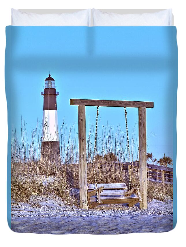 9667 Duvet Cover featuring the photograph Lighthouse and Swing by Gordon Elwell