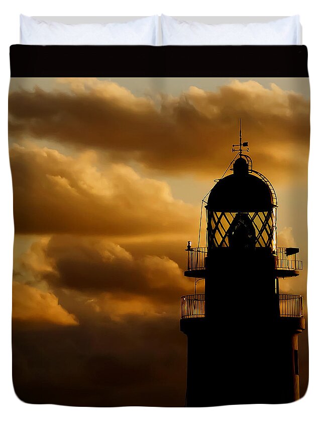 Antique Duvet Cover featuring the photograph lighthouse dawn in the north coast of Menorca by Pedro Cardona Llambias