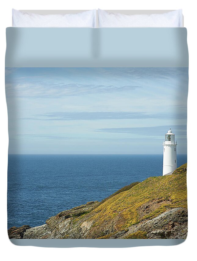 Tranquility Duvet Cover featuring the photograph Lighthouse On Cornish Atlantic by Dougal Waters