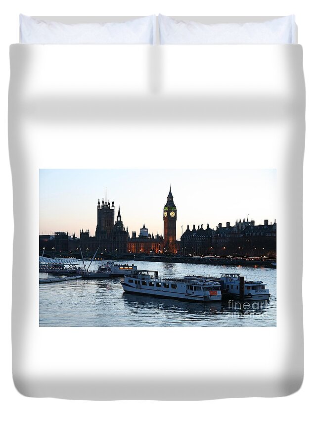 London Duvet Cover featuring the photograph Lighting Up Time on the Thames by Jeremy Hayden