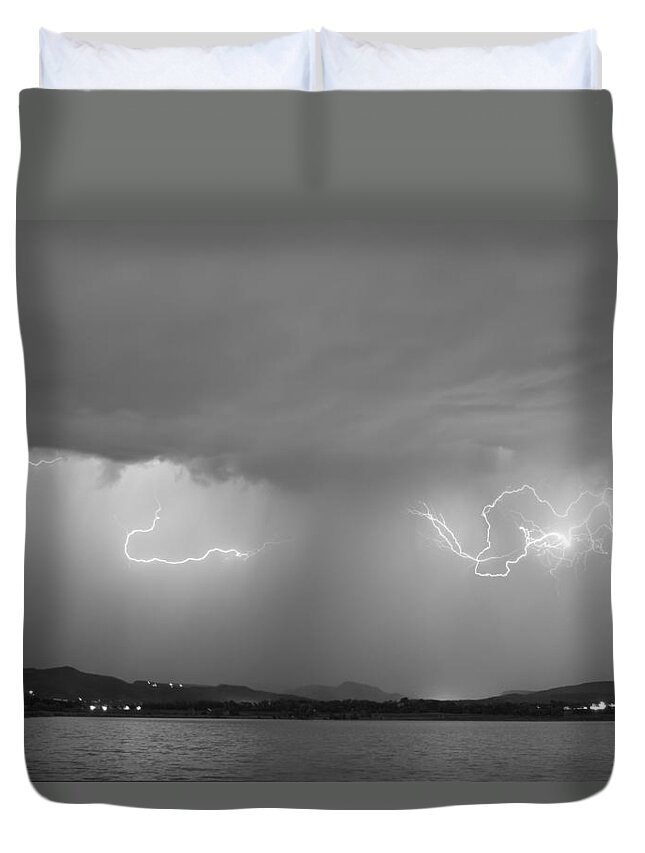 Lightning Duvet Cover featuring the photograph Lightning and Rain Over Rocky Mountain Foothills BW by James BO Insogna