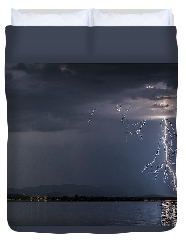 Lake Duvet Cover featuring the photograph Lightning over Sandpoint by Albert Seger